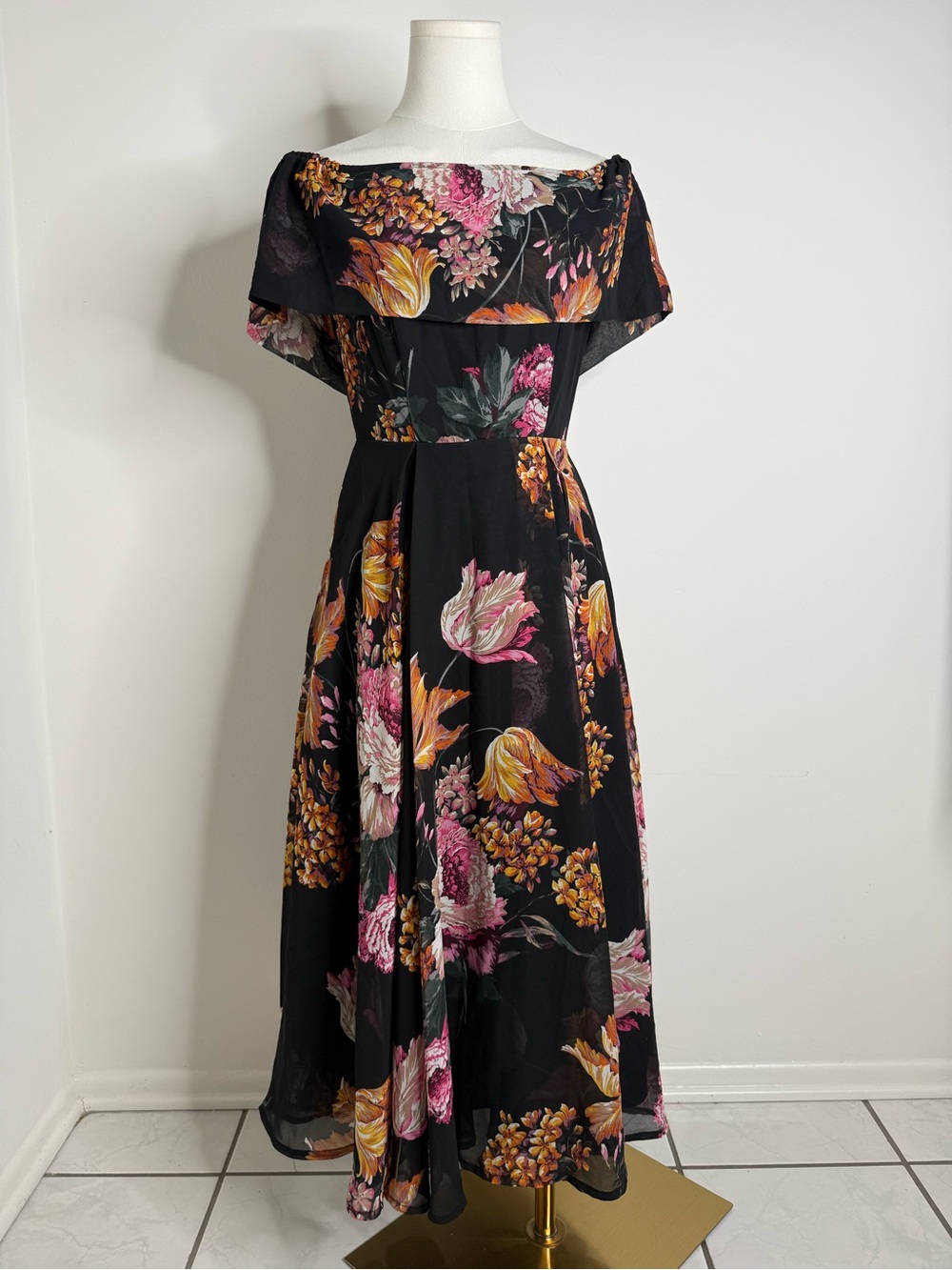 ASOS Black Off-Shoulder Midi Dress with Pink & Yellow Floral Design
